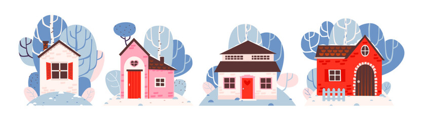 Сozy winter houses collection. A house on the background of a winter landscape. Cartoon vector illustration.
