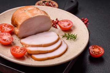 Delicious smoked pork or chicken meat with salt, spices and herbs