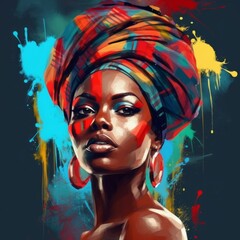 colorful portrait of afro woman with traditional headdress , generated by AI