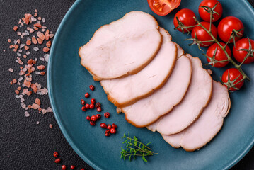 Delicious smoked pork or chicken meat with salt, spices and herbs - obrazy, fototapety, plakaty