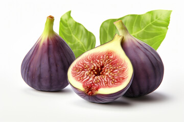 Fresh Ripe Purple Fig Fruit and Slices with Leaf and Droplets. Bio Organic Figs Isolated on White Background.