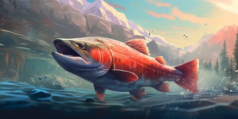 Illustration For leaping salmon in the water,generated with AI. - obrazy, fototapety, plakaty