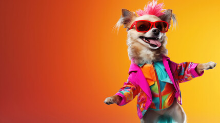 A joyful dog wearing a vibrant outfit,  its tail wagging in pure happiness