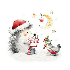 Festive Hedgehog and Bird: Charming Christmas Digital Illustration for Cozy Holiday Creations © Natallia