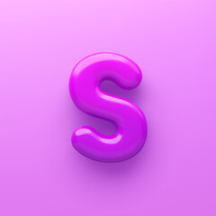 3D Purple letter S with a glossy surface on a purple background .