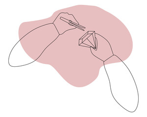 Vector illustration of Jeweler hands with Tweezers and Big Gemstone. Isolated Line art illustration of Jewelry making. Hands of a Worker in contour design. Creative hobby design art on pink spot