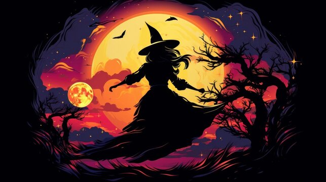 Halloween Witch Silhouette Flying Over the Moon: A New Quality Universal Colorful Technology Image Illustration Design, Conjuring the Spooky Charm of All Hallows' Eve.