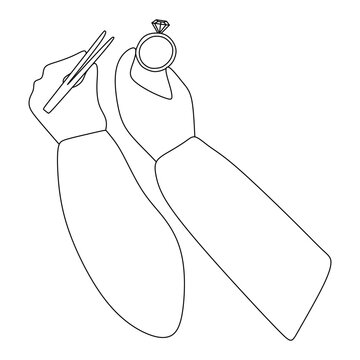 recommend clip art: Jewelers hand with tweezers and Ring with gemstone. Linear illustration, line art Graphic isolated on White. Silhouette and outline Logo. Template for Jeweler day Postcard, Banner, Card, Flyer.