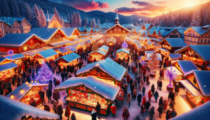 An enchanting snowy Christmas market scene in the evening. The scene is alive with activity, featuring people wearing cozy winter clothes