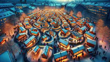 A winter wonderland Christmas market scene from a bird's-eye view at dusk, with an unconventional layout. The market is a maze of winding paths