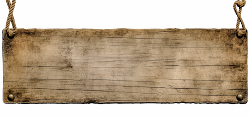 empty wooden sign hanging on a rope on transparent background, png. Wood rustic signboard