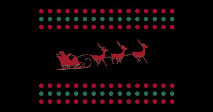 Animation of santa claus with sleigh and dot pattern on black background