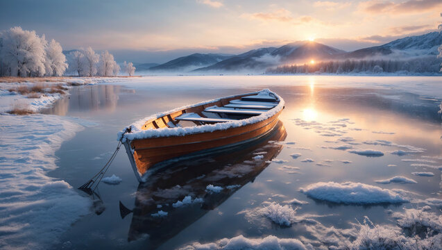 Frozen Boat in the Lake coated with Frost and Snow, Sky aand Sun in Nature, using Generative Ai