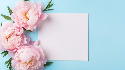 Elegant feminine wedding or birthday flat lay composition with pink peonies floral bouquet. Blank paper card, mockup, invitations. Flat-lay, top view on  pale blue background. - obrazy, fototapety, plakaty