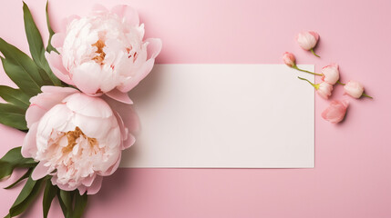 Elegant feminine wedding or birthday flat lay composition with pink peonies floral bouquet. Blank paper card, mockup, invitations. Flat-lay, top view on  pink background.