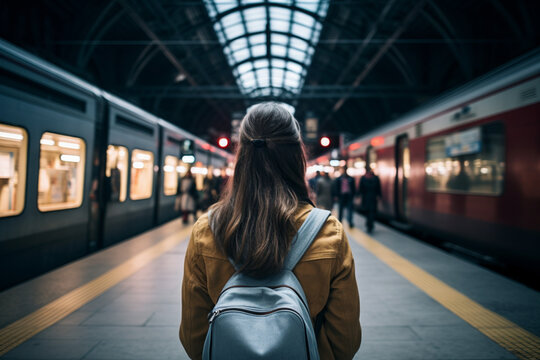 rear view of Unrecognizable young woman in denim shirt with earphones, standing at the underground platform, waiting to enter a train