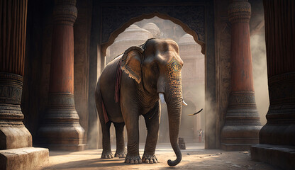 Elephant animal front old temple AI Generated - obrazy, fototapety, plakaty