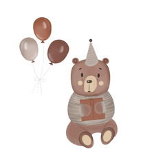Fototapeta premium Beautiful illustration with bear toy and ball as elements or background for a birthday party
