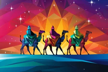 Gordijnen The Three Magi King of Orient, The Three Wise Men Illustration, Melchior, Caspar and Balthasar, Epiphany Celebration, christmas card wallpaper banner © XC Stock