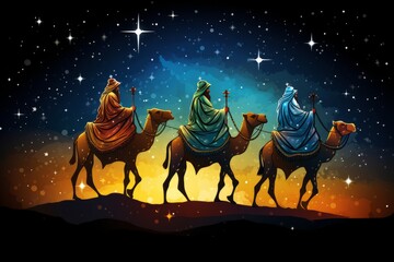The Three Magi King of Orient, The Three Wise Men Illustration, Melchior, Caspar and Balthasar, Epiphany Celebration, christmas card wallpaper banner - obrazy, fototapety, plakaty