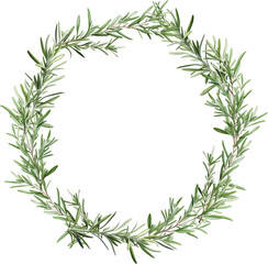 Watercolor Christmas wreath with rosemary branches on transparent background