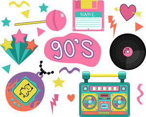 Vector set of retro nostalgia for the 80s and 90s. Bright attributes of pop art stickers, boombox, vinyl.