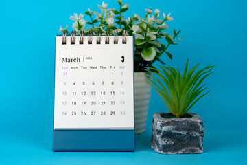 March 2024 Desk Calendar with Potted Plant - obrazy, fototapety, plakaty