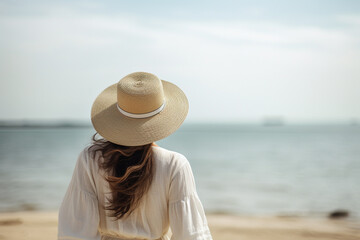 Fototapeta na wymiar Rear view of woman in white dress and straw hat standing in front of sea, soft light photography
