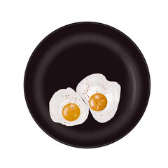 Illustration depicting a black round plate with fried eggs on a neutral transparent background