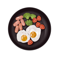 Illustration depicting a black round plate with fried eggs, sausages, tomatoes and broccoli on a neutral transparent background