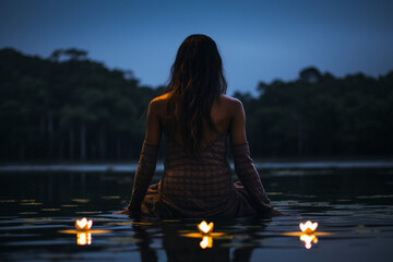 rear view of Woman relaxing on a lake, dark light photography
