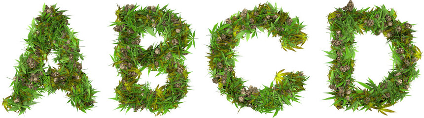 weed and buds font letters 3d render a b c d - obrazy, fototapety, plakaty
