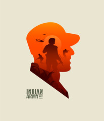 Indian Army Day text with creative concept illustration, military, army background, and soldiers silhouettes.