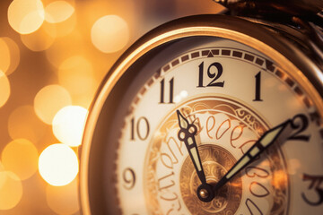 Fototapeta na wymiar New Year's clock close-up on a bokeh background.