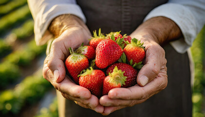 Close-up of two wrinkled hands (cupped hands full of fresh strawberries) of a farmer showing the harvest of red strawberries wet with dew. - obrazy, fototapety, plakaty