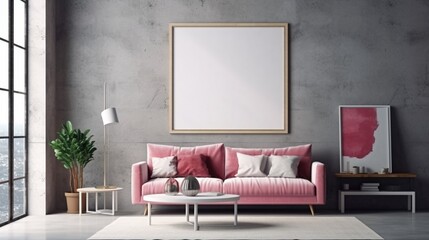 Empty wall frame with beautiful sofa wooden frame illustration picture AI generated art