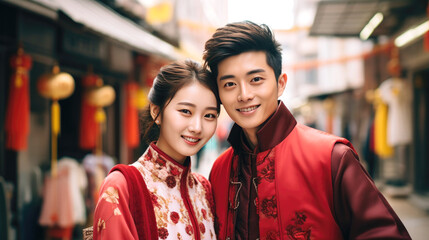 Portrait of Chinese couple with Chinese traditional clothing, on Chinese new year street - obrazy, fototapety, plakaty