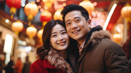 Portrait of Chinese couple with Chinese traditional clothing, on Chinese new year street