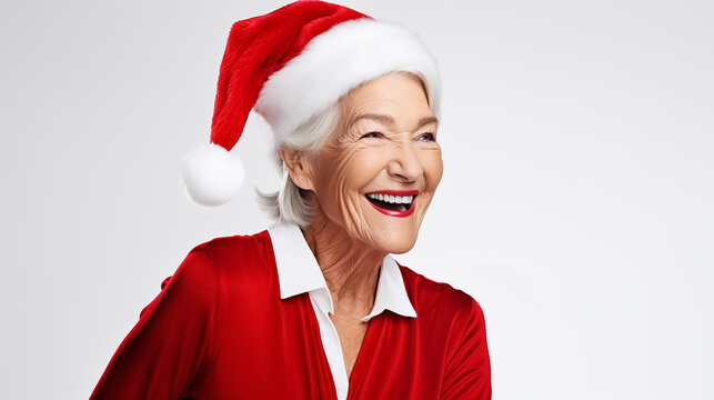Beautiful elderly woman wearing santa hat isolated on white background. Winter New Year website header for Black Friday.
