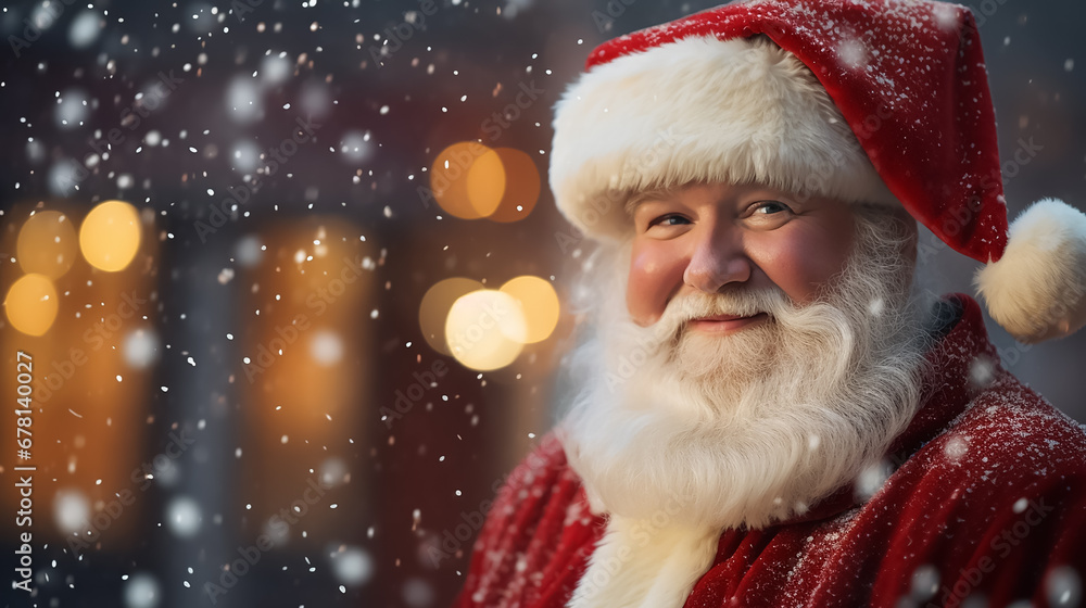 Wall mural Winter background with Santa Claus. New Year image with Copy space.
