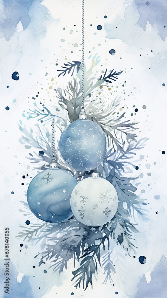 Wall mural winter background with watercolor snowy forest. new year image with copy space.