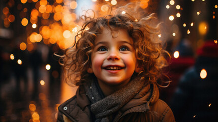 Portrait of a cute little girl with curly hair on the background of Christmas lights.