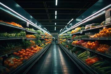Supermarket aisle with fruits and vegetables. Grocery store interior.