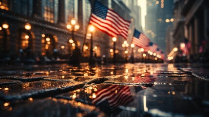 The American flag rises from the ruins and flutters proudly. motion blur.  - obrazy, fototapety, plakaty