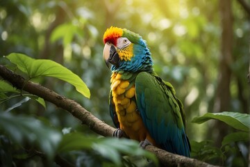 Obraz premium Captivating Parrot Prowling Through Lush Foliage in Soft Light - Exquisite Wildlife Photography