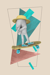 Poster illustration sketch collage of human arm fingers riding skateboard wear yellow sun hat blue...
