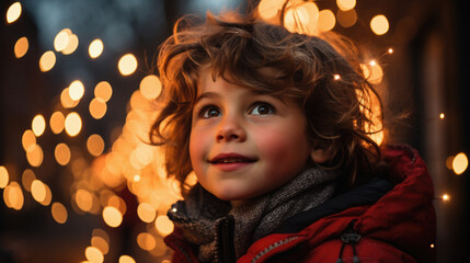 Portrait of a cute little boy with curly hair in a red coat on a background of Christmas lights.