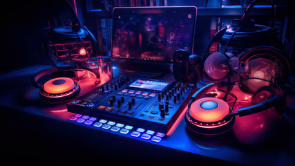 Dj mixer with headphones and dj equipment in nightclub. Selective focus
