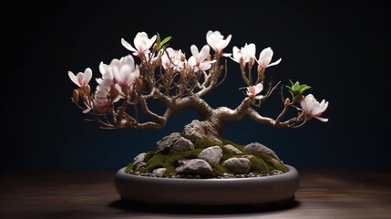 Exquisite bonsai magnolia tree extremely detailed plant photography image AI generated art