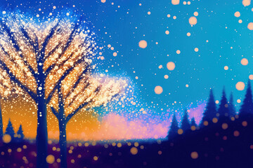 Naklejka premium Christmas greeting card background watercolor like illustration - cold winter's night with twinkling starry sky and blurred snowflakes falling on the snow.